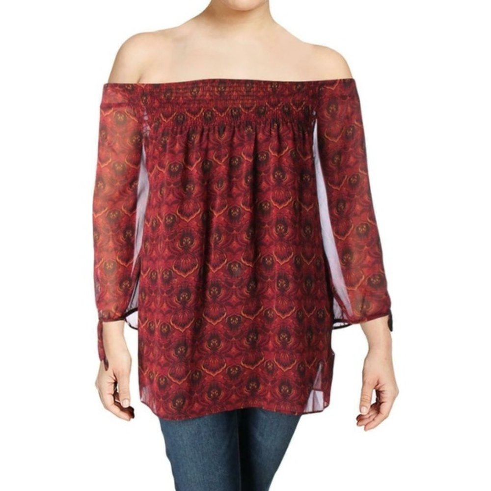 Red Multi-Color Floral Design Off The Shoulder Top